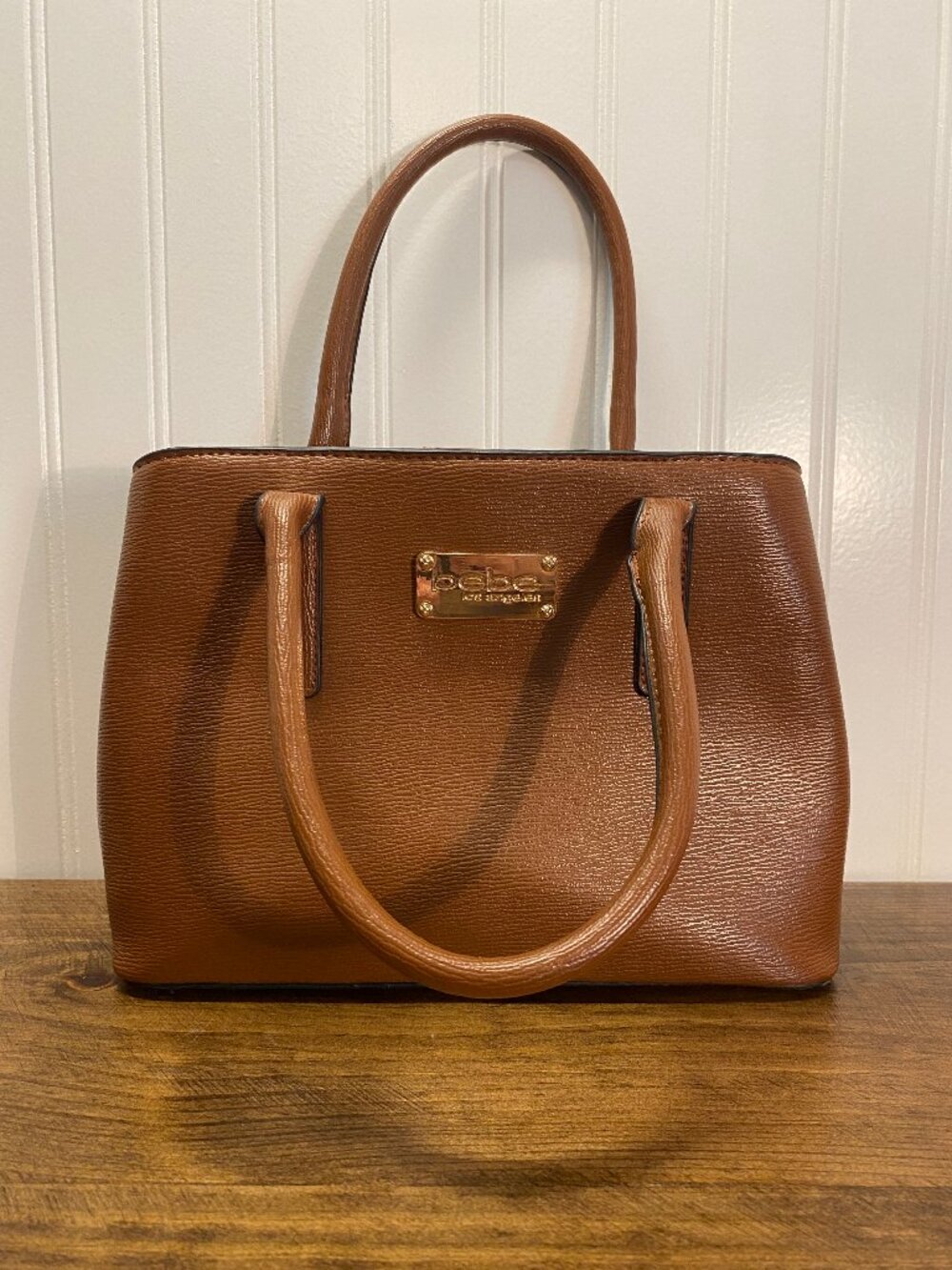 BEBE - Cognac Brown Structured Satchel Tote Handbag - Gold Hardware Faux Leather